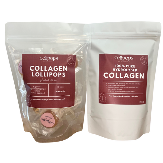 Collagen Combo: Collagen Lollipops 10 Pack (Amarula) and 100% Pure Hydrolised Collagen 250g