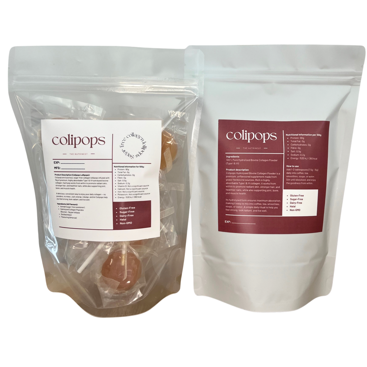Collagen Combo: Collagen Lollipops 10 Pack (Amarula) and 100% Pure Hydrolised Collagen 250g
