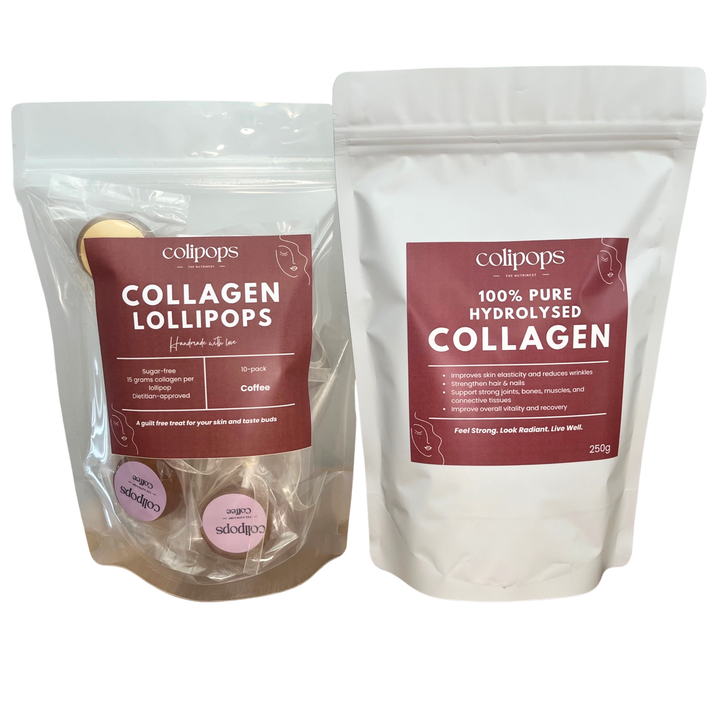 Collagen Combo: Collagen Lollipops 10 Pack (Coffee) and 100% Pure Hydrolised Collagen 250g