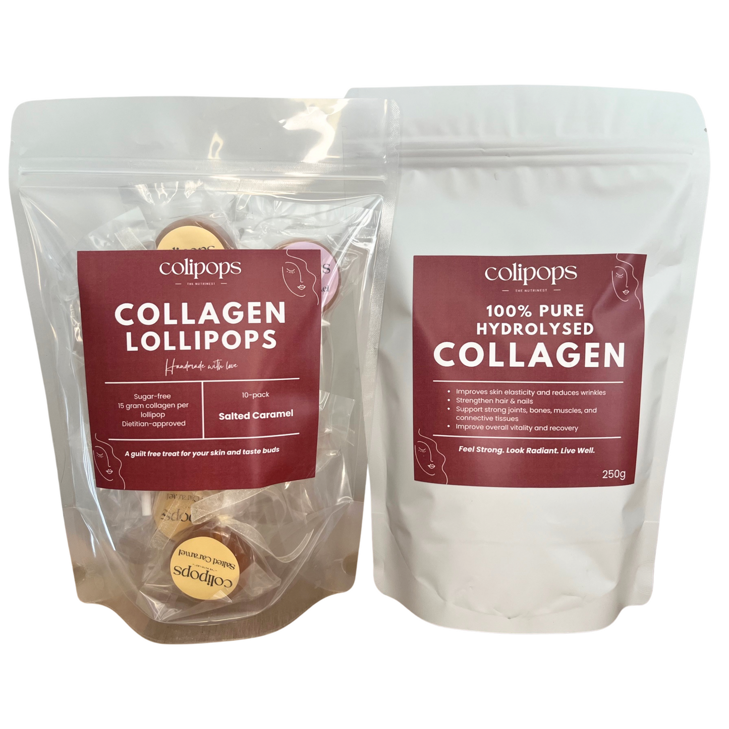 Collagen Combo: Collagen Lollipops 10 Pack (Salted Caramel) and 100% Pure Hydrolised Collagen 250g