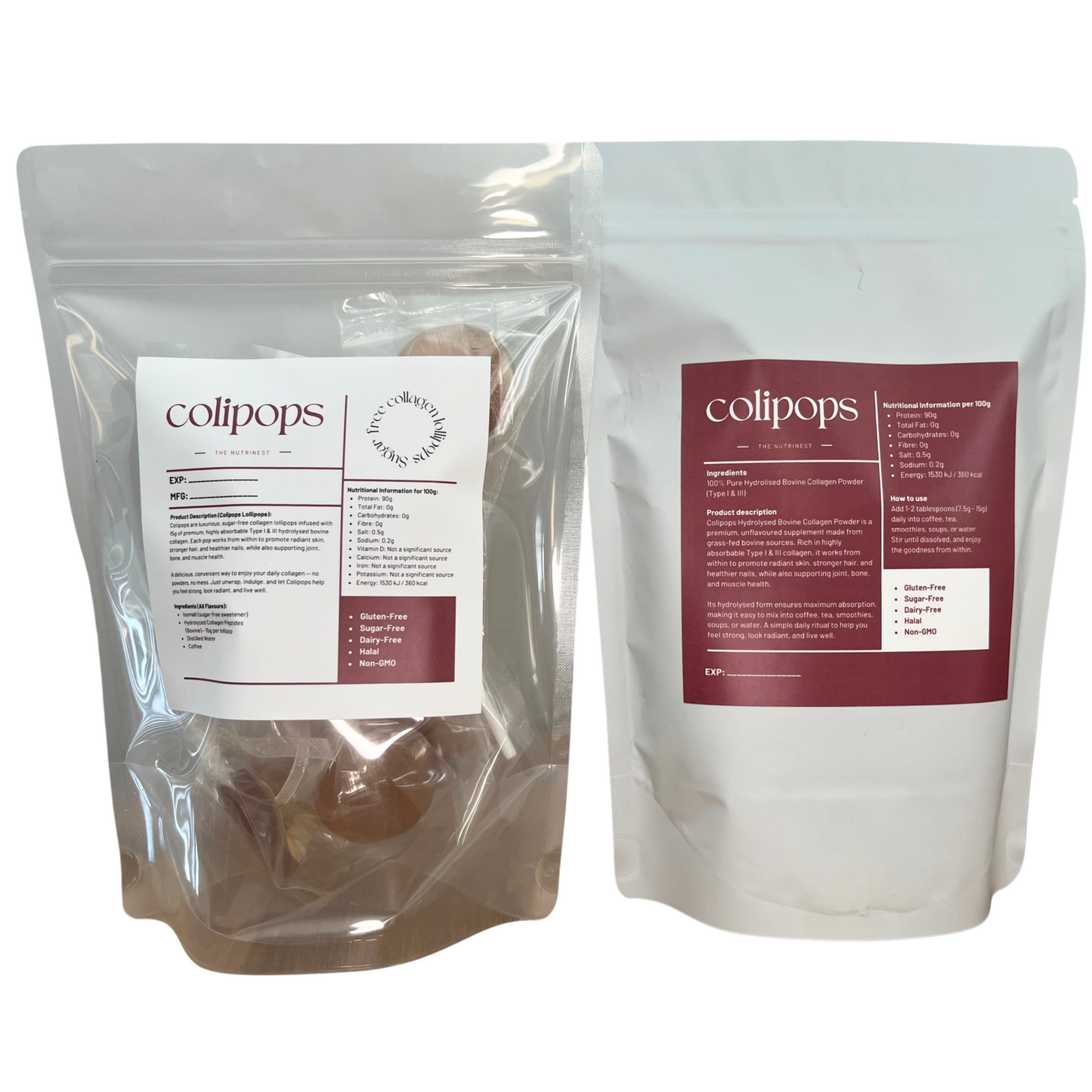 Collagen Combo: Collagen Lollipops 10 Pack (Coffee) and 100% Pure Hydrolised Collagen 250g